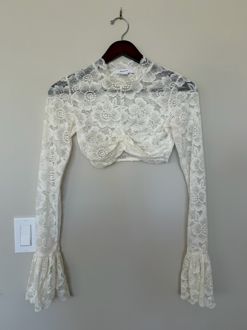 Beaufille Ivory Lace Twist-Front Cropped Top